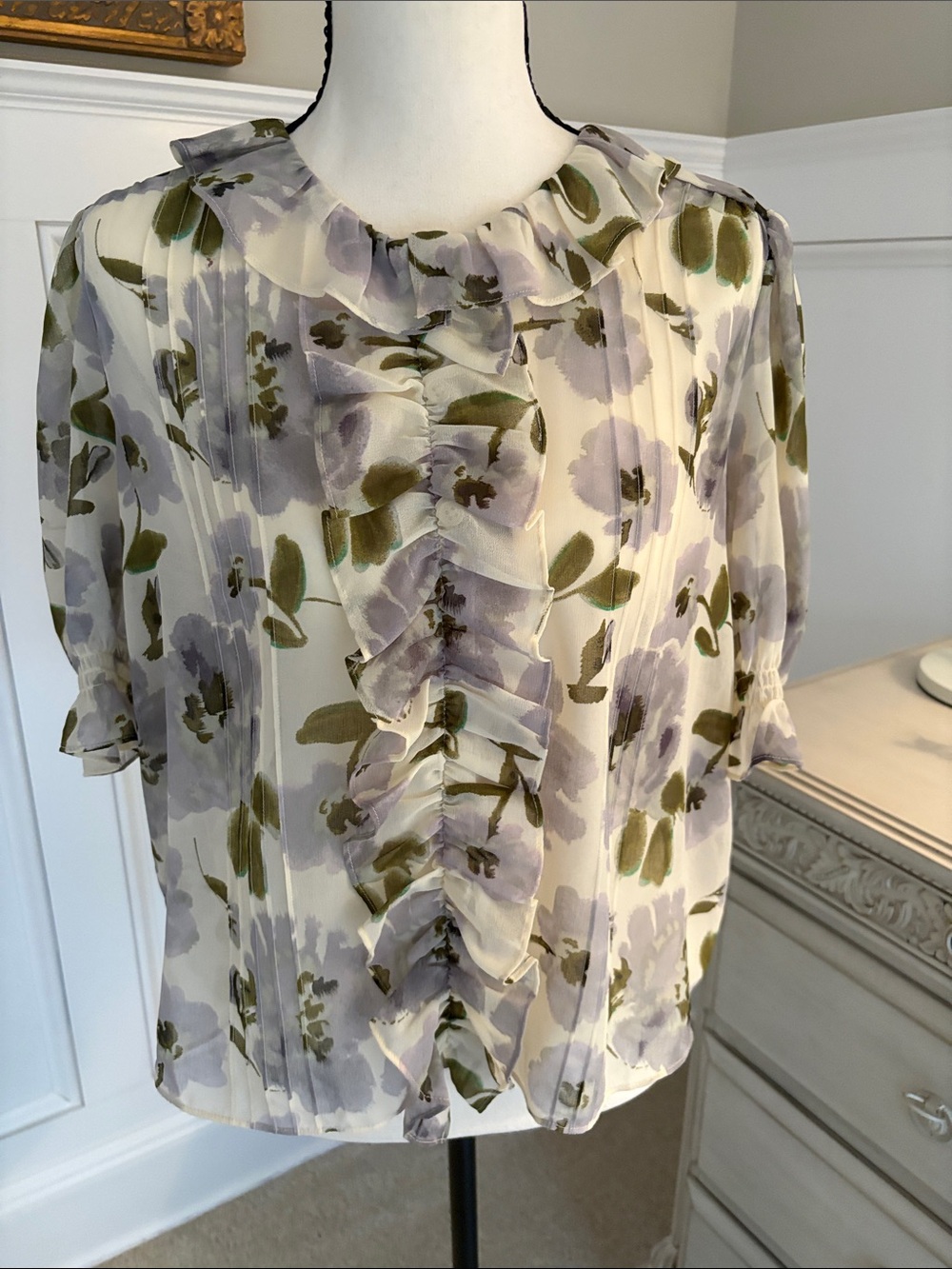 CAbi Floral Ruffle Blouse in Cream, Olive & Lavender